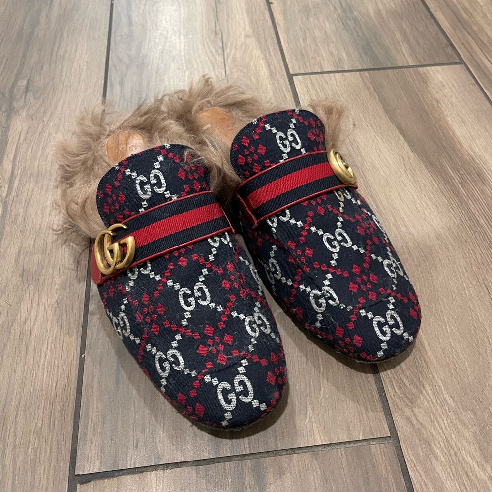 Gucci Black and Red Fur Lined Loafers